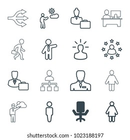Manager icons. set of 16 editable outline manager icons such as office chair, man, businessman, woman, male consultant   with case, woman consultant with case, user bulb