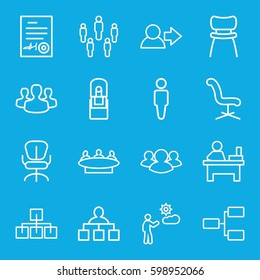 manager icons set. Set of 16 manager outline icons such as man, structure, office chair, group, table, office supply, chair, signed document, user group