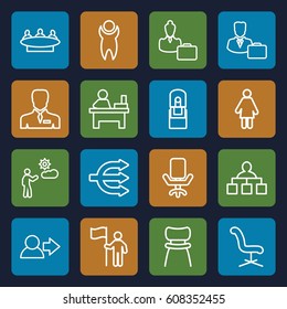 Manager icons set. set of 16 manager outline icons such as structure, office chair, group, table, businessman, man, office supply, chair, male consultant   with case