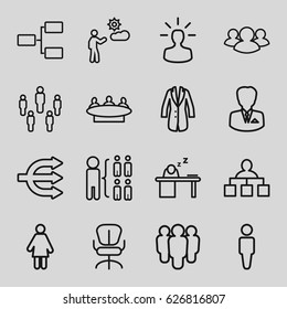 Manager icons set. set of 16 manager outline icons such as man, structure, group, office chair, man sleeping on table, jacket, businessman, user bulb
