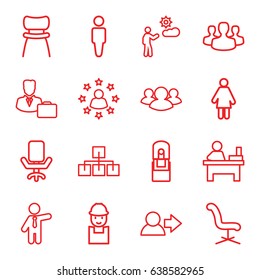 Manager icons set. set of 16 manager outline icons such as man, businessman, office chair, table, worker, group, office supply, chair, male consultant   with case, user group