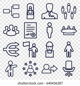 Manager icons set. set of 16 manager outline icons such as man, businessman, group, worker, office supply, structure, signed document, user group, office chair, user