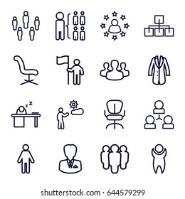 Manager icons set. set of 16 manager outline icons such as office chair, structure, man, man sleeping on table, jacket, businessman, user group, man with flag