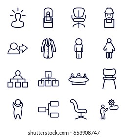 Manager icons set. set of 16 manager outline icons such as structure, office chair, group, worker, man, office supply, chair, jacket, user bulb, user