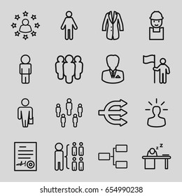Manager icons set. set of 16 manager outline icons such as structure, worker, man sleeping on table, signed document, jacket, businessman, user bulb, man with case