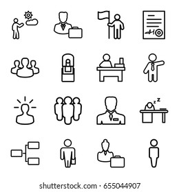 Manager icons set. set of 16 manager outline icons such as man, businessman, table, office supply, man sleeping on table, structure, signed document