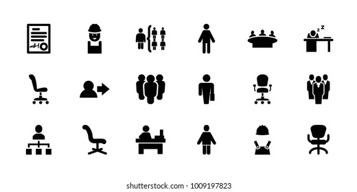 Manager icons. set of 18 editable filled manager icons: office chair, group, table, worker, user, man with case, man, man sleeping on table, signed document