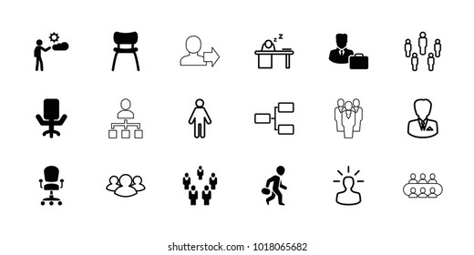 Manager icons. set of 18 editable filled and outline manager icons: man, chair, male consultant   with case, office chair, group, man sleeping on table, structure, businessman