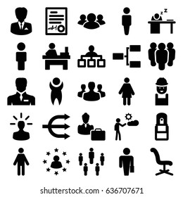 Manager icons set. set of 25 manager filled icons such as man, structure, office chair, table, worker, businessman, group, office supply, man sleeping on table