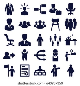 Manager icons set. set of 25 manager filled icons such as businessman, structure, office chair, worker, man, group, chair, man sleeping on table, signed document, jacket