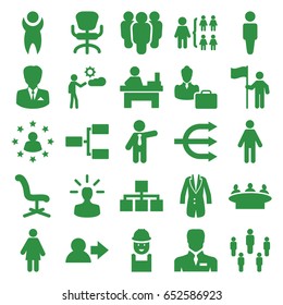 Manager icons set. set of 25 manager filled icons such as man, businessman, office chair, group, table, structure, worker, jacket, woman consultant with case, user bulb