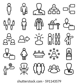 manager icons set. Set of 25 manager outline icons such as man, businessman, structure, group, office chair, office supply, man sleeping on table, jacket