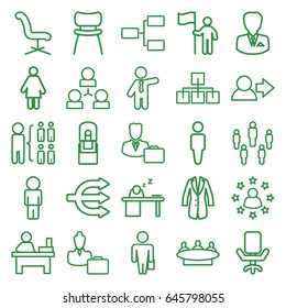 Manager icons set. set of 25 manager outline icons such as man, businessman, office chair, group, table, structure, office supply, chair, man sleeping on table, jacket