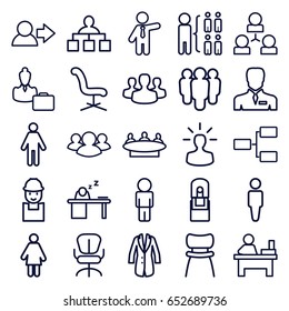 Manager icons set. set of 25 manager outline icons such as man, businessman, structure, office chair, group, table, worker, office supply, chair, man sleeping on table, jacket