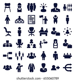 Manager icons set. set of 36 manager filled icons such as man, businessman, structure, office chair, group, table, worker, office supply, chair, signed document, jacket