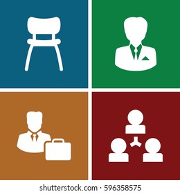manager icons set. Set of 4 manager filled icons such as chair, male consultant   with case, businessman