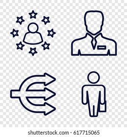 Manager icons set. set of 4 manager outline icons such as businessman, man with case, user surrounded by stars
