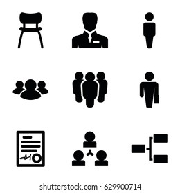 Manager icons set. set of 9 manager filled icons such as man, businessman, group, chair, structure, signed document