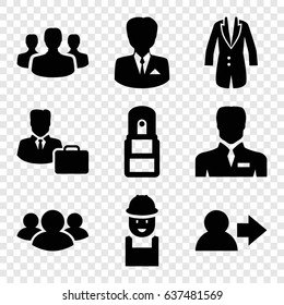 Manager icons set. set of 9 manager filled icons such as worker, businessman, group, office supply, jacket, male consultant   with case, user group