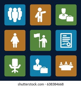 Manager icons set. set of 9 manager filled icons such as businessman, group, signed document, male consultant   with case, woman consultant with case, office chair
