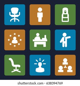 Manager icons set. set of 9 manager filled icons such as businessman, office chair, table, office supply, user bulb, user surrounded by stars, user