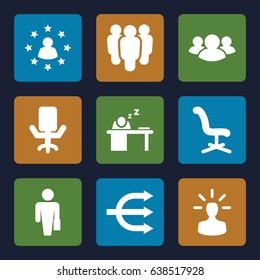 Manager icons set. set of 9 manager filled icons such as office chair, group, man sleeping on table, user bulb, structure, user surrounded by stars