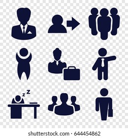 Manager icons set. set of 9 manager filled icons such as businessman, man sleeping on table, woman consultant with case, user group, man, user, man with case