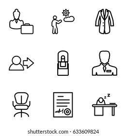 Manager icons set. set of 9 manager outline icons such as office chair, businessman, man, office supply, man sleeping on table, signed document, jacket