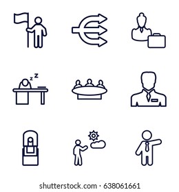 Manager icons set. set of 9 manager outline icons such as businessman, group, man, office supply, man sleeping on table, woman consultant with case, man with flag