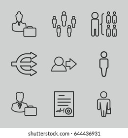 Manager icons set. set of 9 manager outline icons such as man, structure, signed document, male consultant   with case, woman consultant with case, user, man with case