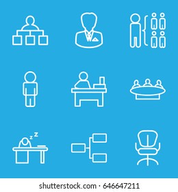 Manager icons set. set of 9 manager outline icons such as structure, group, table, office chair, man sleeping on table, businessman
