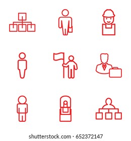 Manager icons set. set of 9 manager outline icons such as man, structure, worker, office supply, male consultant   with case, man with case, man with flag