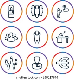 Manager icons set. set of 9 manager outline icons such as man, office supply, man sleeping on table, businessman, user group, group