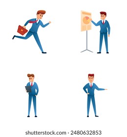 Manager icons set cartoon vector. Man in suit with briefcase and near flipchart. Leader success, management concept