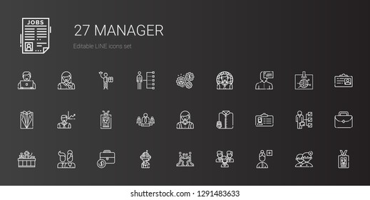 manager icons set. Collection of manager with add user, team, teamwork, pilot, portfolio, users, receptionist, id card, suit and tie, woman. Editable and scalable manager icons.