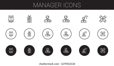 manager icons set. Collection of manager with group, id card, add user, user, employee, teamwork. Editable and scalable manager icons.