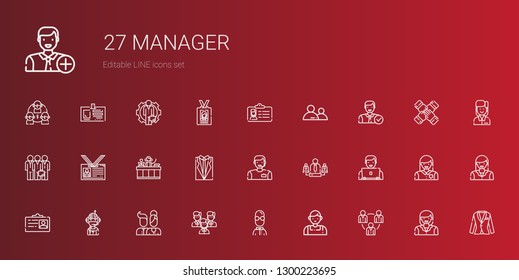 manager icons set. Collection of manager with teamwork, salesman, user, team, users, pilot, id card, man, suit, receptionist, employee, woman. Editable and scalable manager icons.