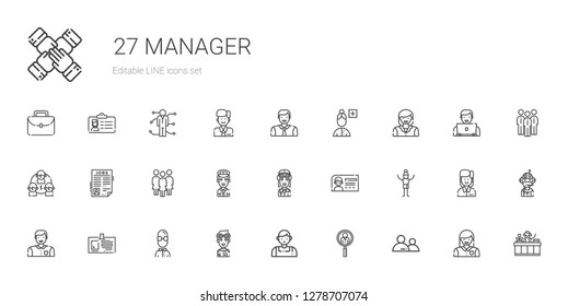 manager icons set. Collection of manager with user, job search, salesman, pilot, id card, man, group, team, woman, add user, receptionist. Editable and scalable manager icons.