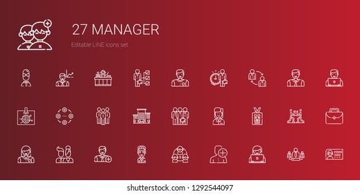 manager icons set. Collection of manager with user, team, pilot, add user, users, woman, id card, employee, teamwork, office, group, structure. Editable and scalable manager icons.