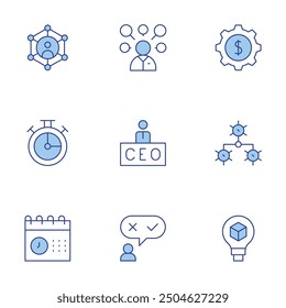 Manager icons set. Line Duotone style, editable stroke. management, gear, idea, multitasking, schedule, chronometer, candidate, community manager, ceo.