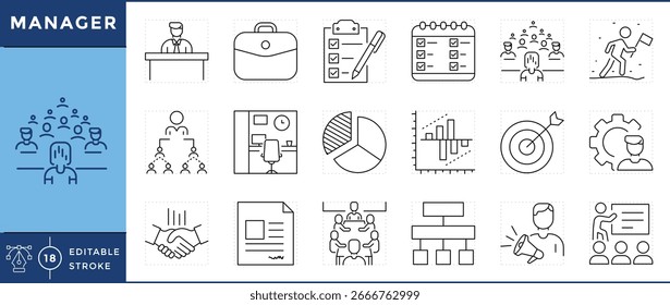 Conjunto de iconos del administrador. Gestión, maletín, gestión de tareas, programación, gestión de empleados, liderazgo, informes, establecimiento de objetivos, gestión de procesos y muchos más. Vector de trazo editable.