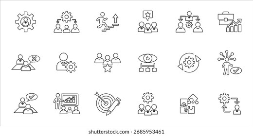 manager icons set. supervision, coaching, motivation, delegation, development, goal setting and more. simple line vector