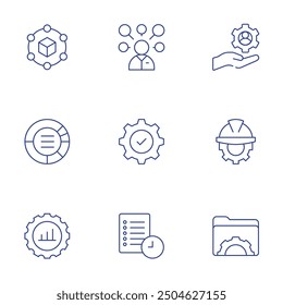 Conjunto de iconos del administrador. Estilo de línea delgada, trazo editable. cadena de suministro, multitarea, administración, programa, Archivar, carpeta, asignación, Configuraciones, ingeniería.