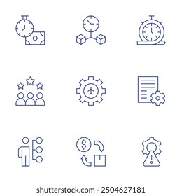 Conjunto de iconos del administrador. Estilo de línea delgada, carrera editable. gerente de recursos humanos, flujo de efectivo, gestión de riesgos, evaluación, equipo, gestión de contenido, gestión de tiempo.