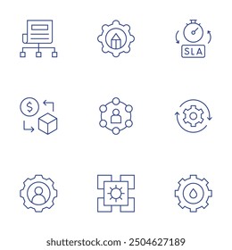 Manager icons set. Thin Line style, editable stroke. content plan, planning, sell, user, application, sla, arrows, settings.