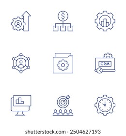 Manager icons set. Thin Line style, editable stroke. business, cost, sales, community manager, folder, crm, analysis, target, time management.