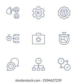 Manager icons set. Thin Line style, editable stroke. new technologies, chronometer, time management, selection, artificial intelligence, hierarchy, briefcase.