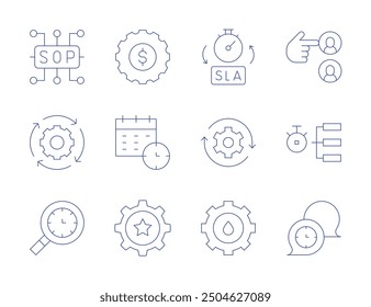 Manager-Symbole. Stil der dünnen Linie, bearbeitbarer Strich. sla, Pfeile, Einstellungen, Termin, Geld-Management, Talent-Management, Shop, Auswahl, läuft, Hierarchie, Zeit-Management.