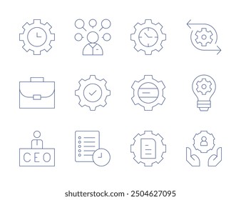 Manager icons. Thin Line style, editable stroke. time management, data management, content management, work time, briefcase, ceo, multitasking, archive, settings.