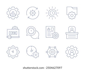 Manager-Symbole. Stil der dünnen Linie, bearbeitbarer Strich. Verwaltung, Vertrieb, Einstellungen, crm, Chef, Zeitmanagement, Leader, Vertrag, Einrichtung, Koordination.